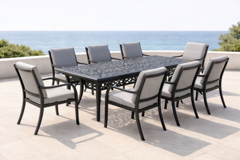 Ensemble de Salle à Manger Extérieur en Métal avec Coussins Gris - 9 Pièces