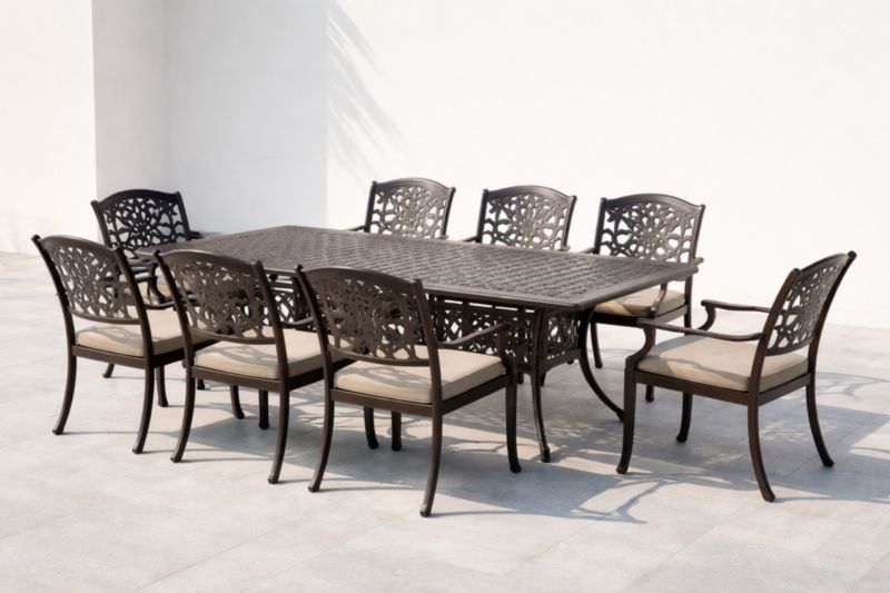 Ensemble de salle à manger extérieur en aluminium avec 8 chaises et table rectangulaire marron