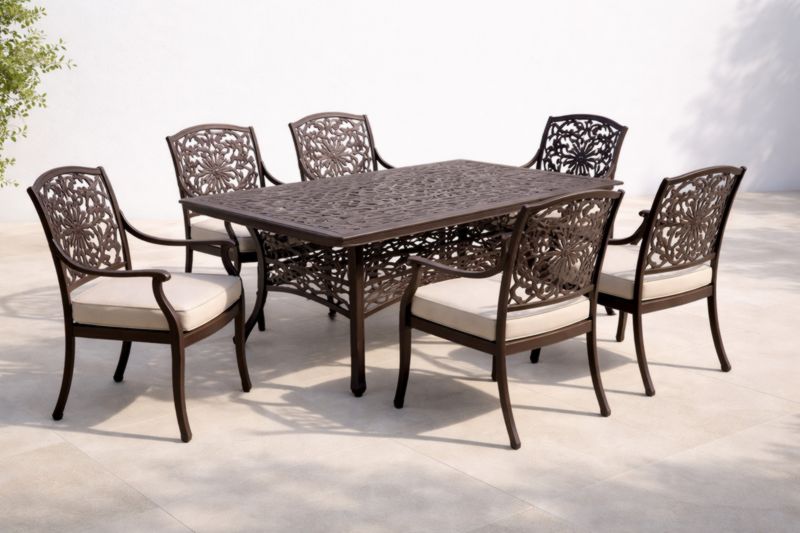 Ensemble de jardin en métal avec table et chaises à motif floral marron
