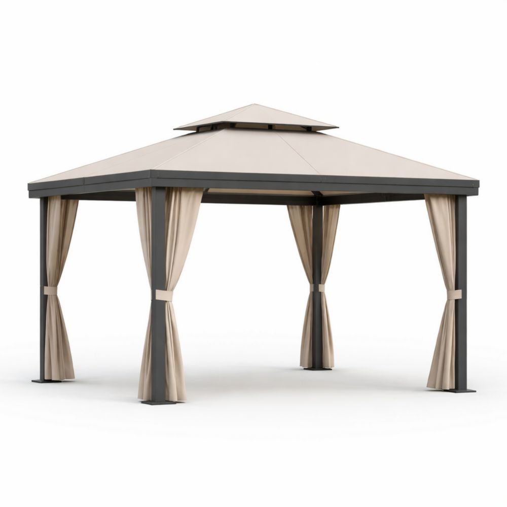 Pavillon de Jardin Rectangulaire en Aluminium avec Toit en Acier et Rideaux 300x400 cm Beige/Noir