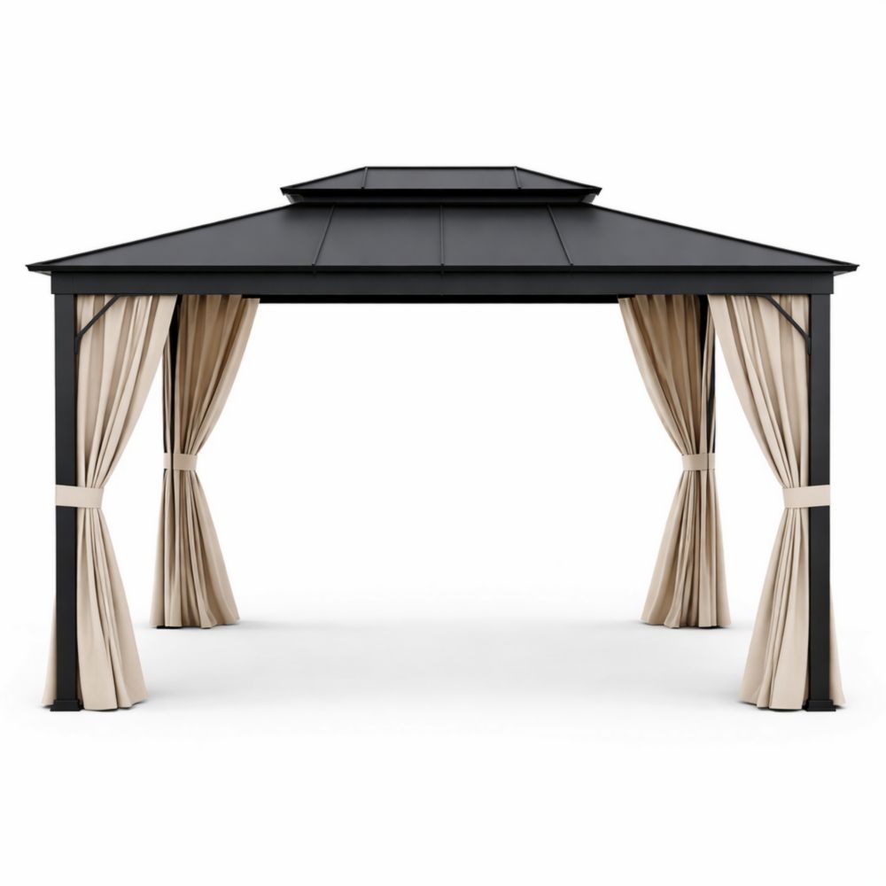 Pavillon de jardin en aluminium 3x4m avec toit en acier et rideaux beige