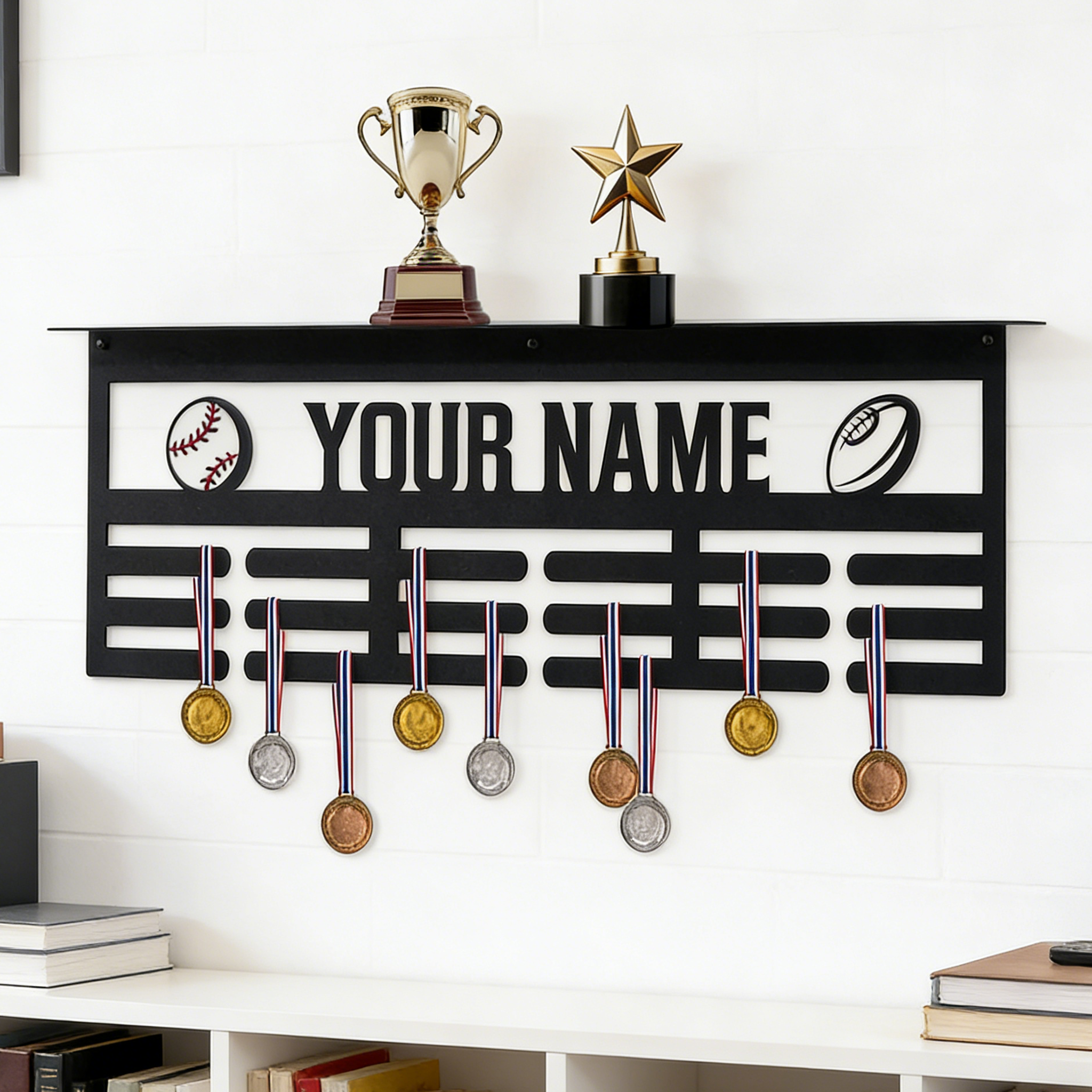 Personalized Sports Medal Display with Custom Name & Ball Icons