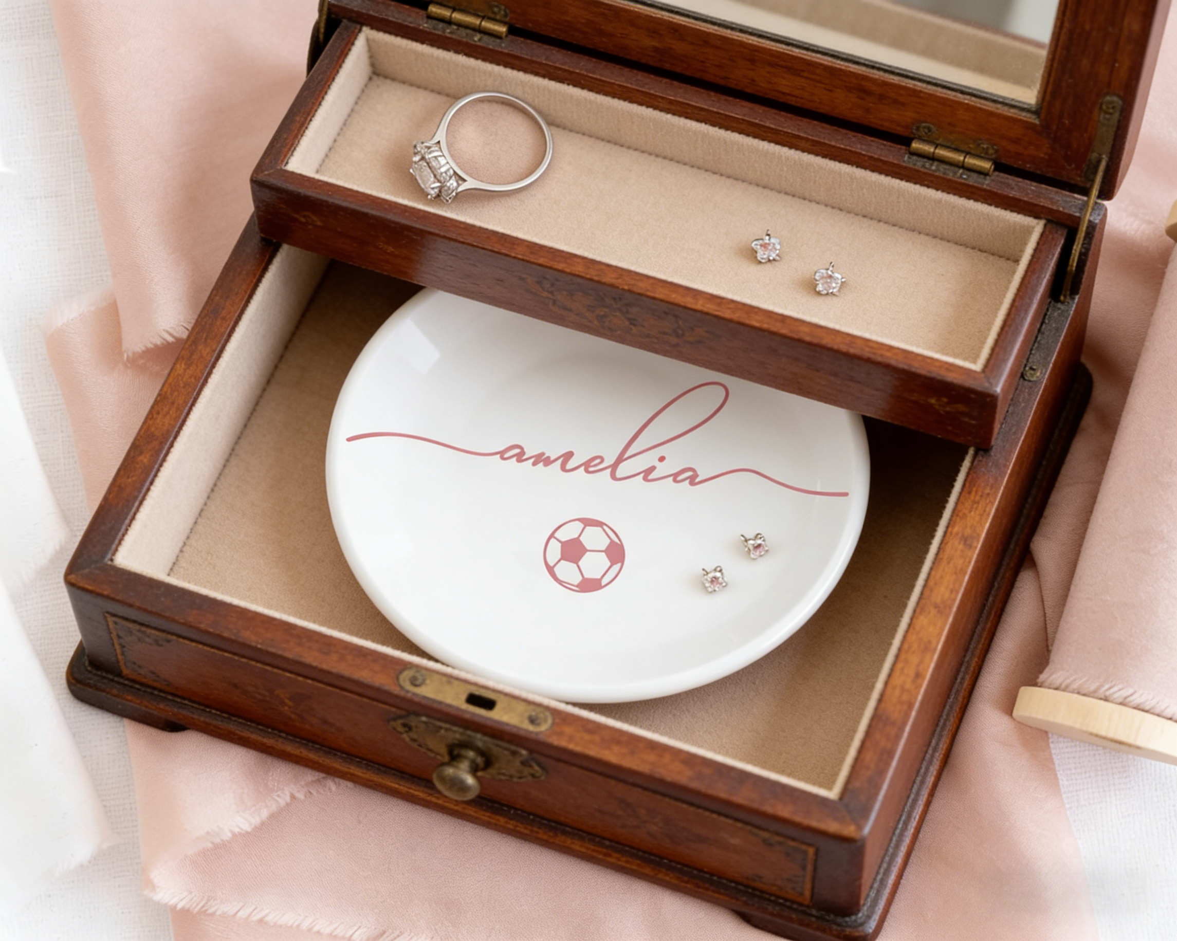 Personalized Soccer Jewelry Dish, Custom Name Trinket Tray for Soccer Lover