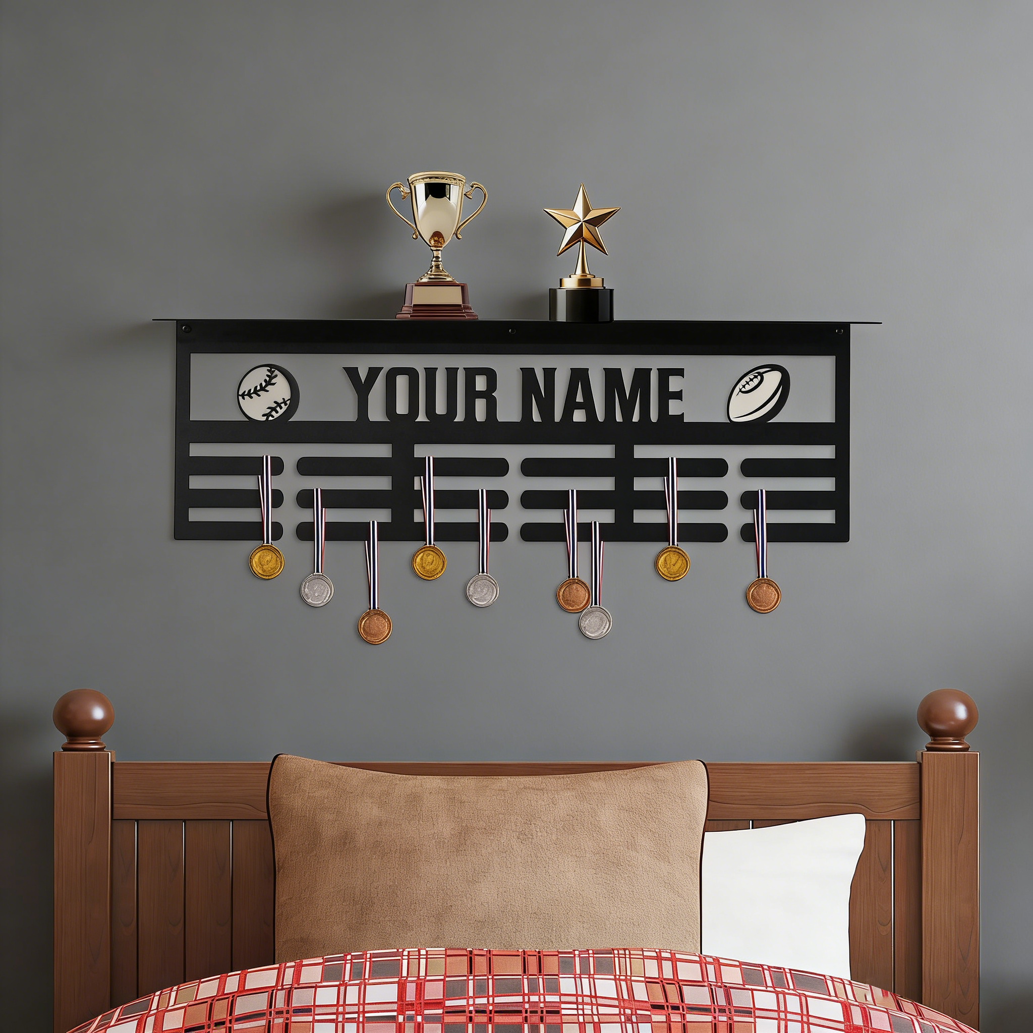 Personalized Sports Medal Display with Custom Name & Ball Icons