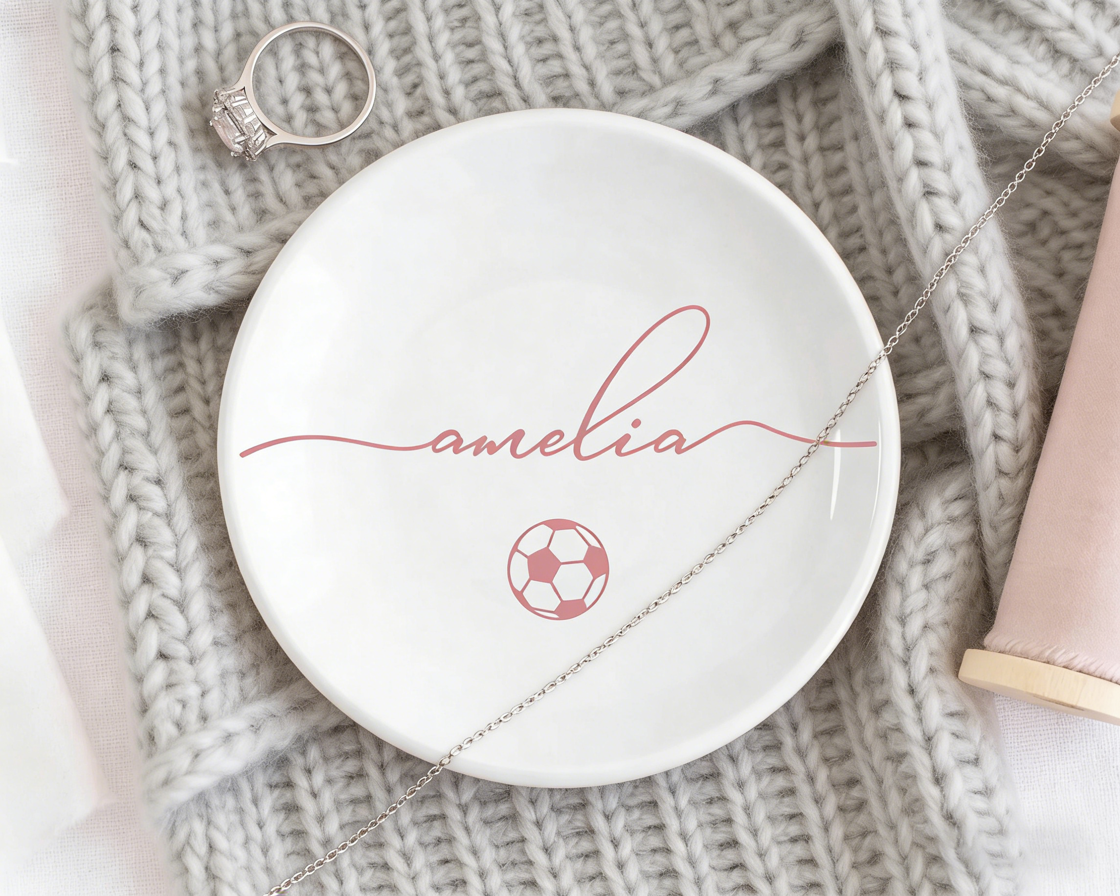 Personalized Soccer Jewelry Dish, Custom Name Trinket Tray for Soccer Lover
