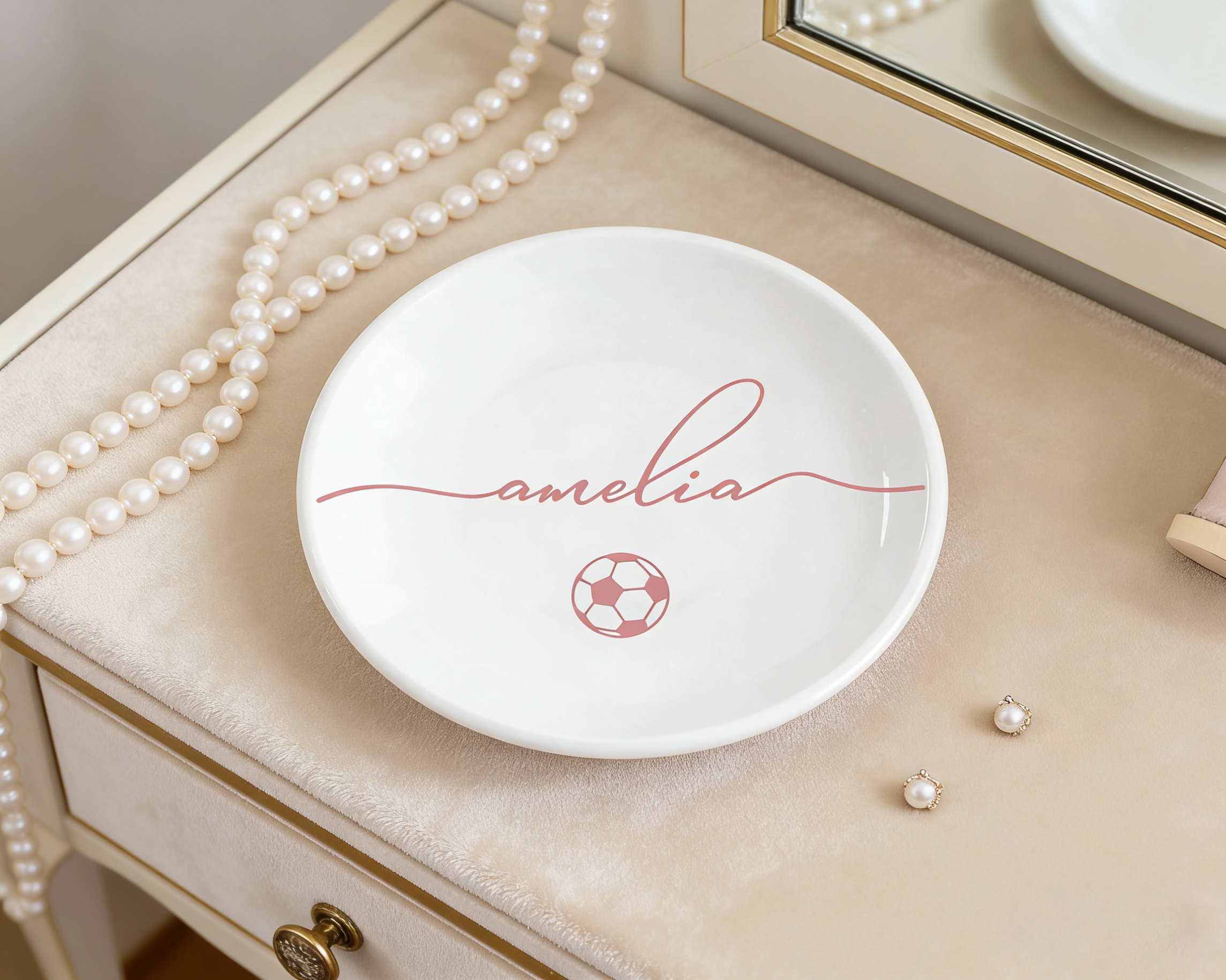 Personalized Soccer Jewelry Dish, Custom Name Trinket Tray for Soccer Lover
