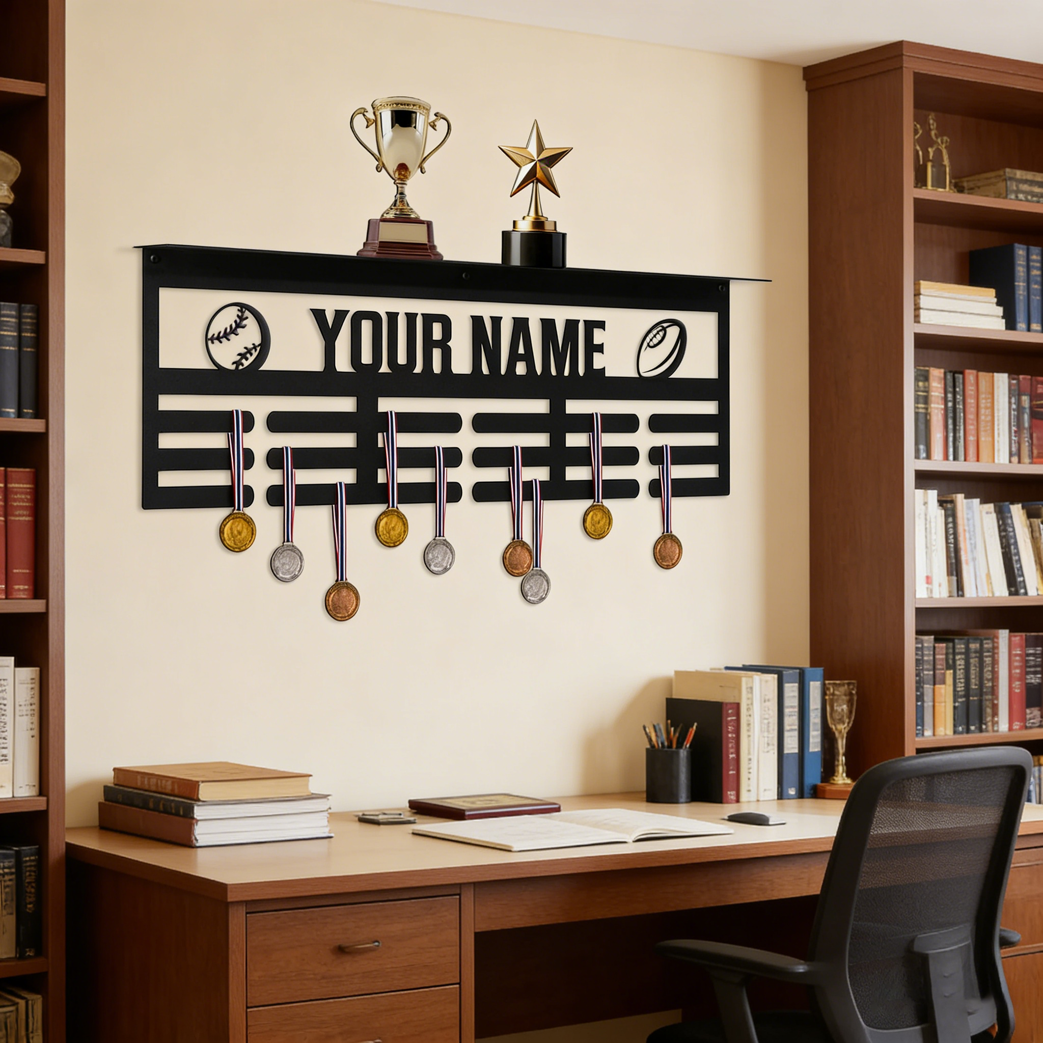 Personalized Sports Medal Display with Custom Name & Ball Icons