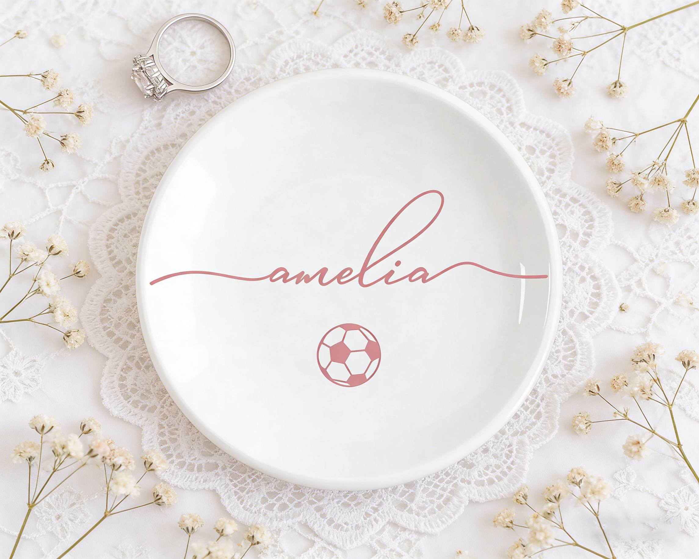 Personalized Soccer Jewelry Dish, Custom Name Trinket Tray for Soccer Lover