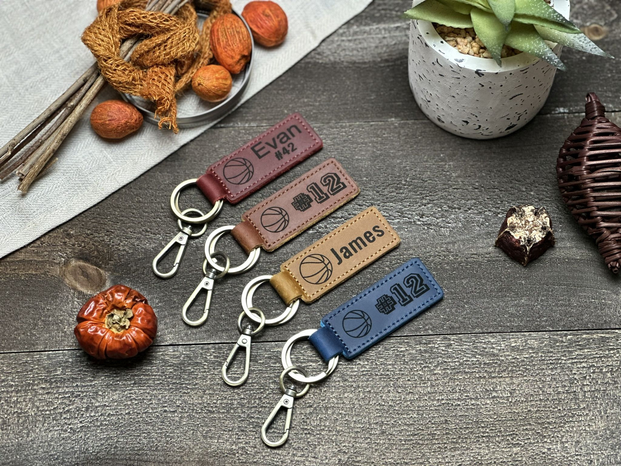 Personalised Sports Leather Keychain - Custom Name & Number Engraved Keyring for Athletes