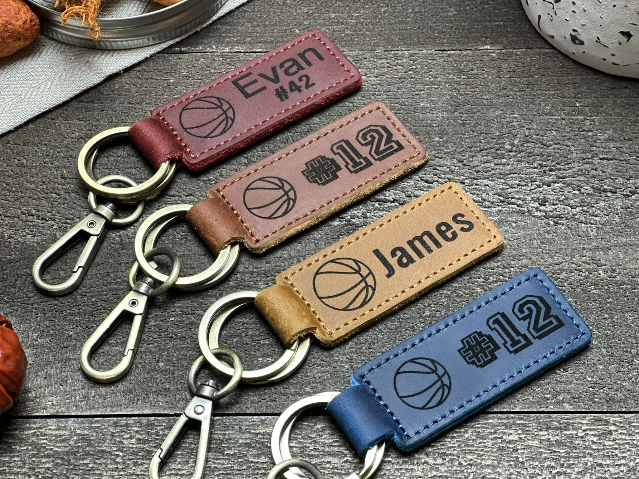 Personalised Sports Leather Keychain - Custom Name & Number Engraved Keyring for Athletes