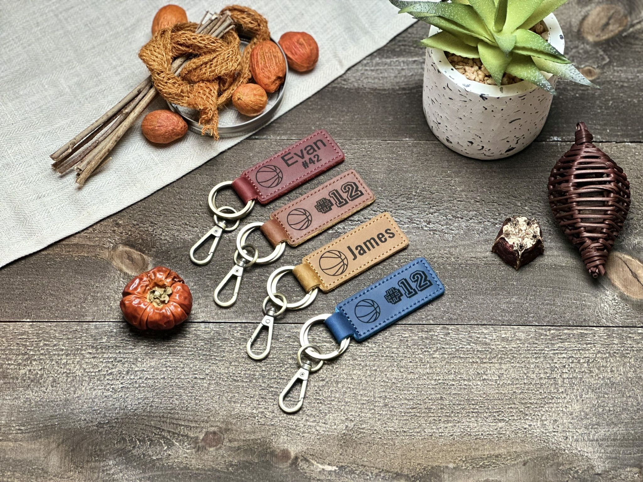Personalised Sports Leather Keychain - Custom Name & Number Engraved Keyring for Athletes