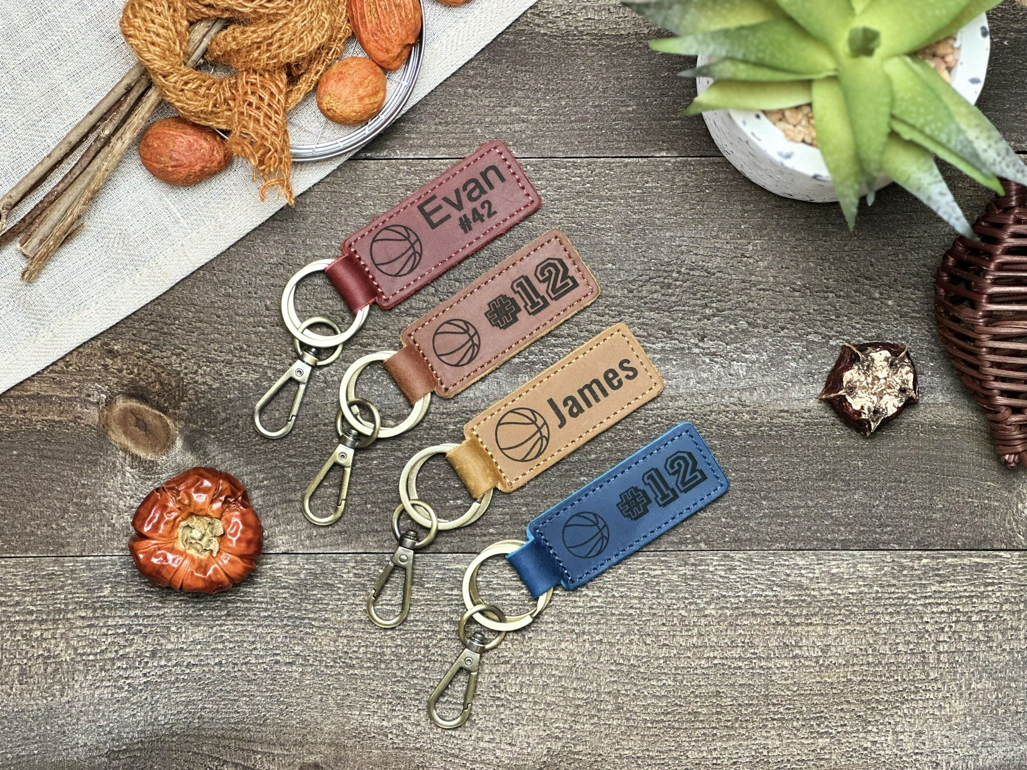 Personalised Sports Leather Keychain - Custom Name & Number Engraved Keyring for Athletes
