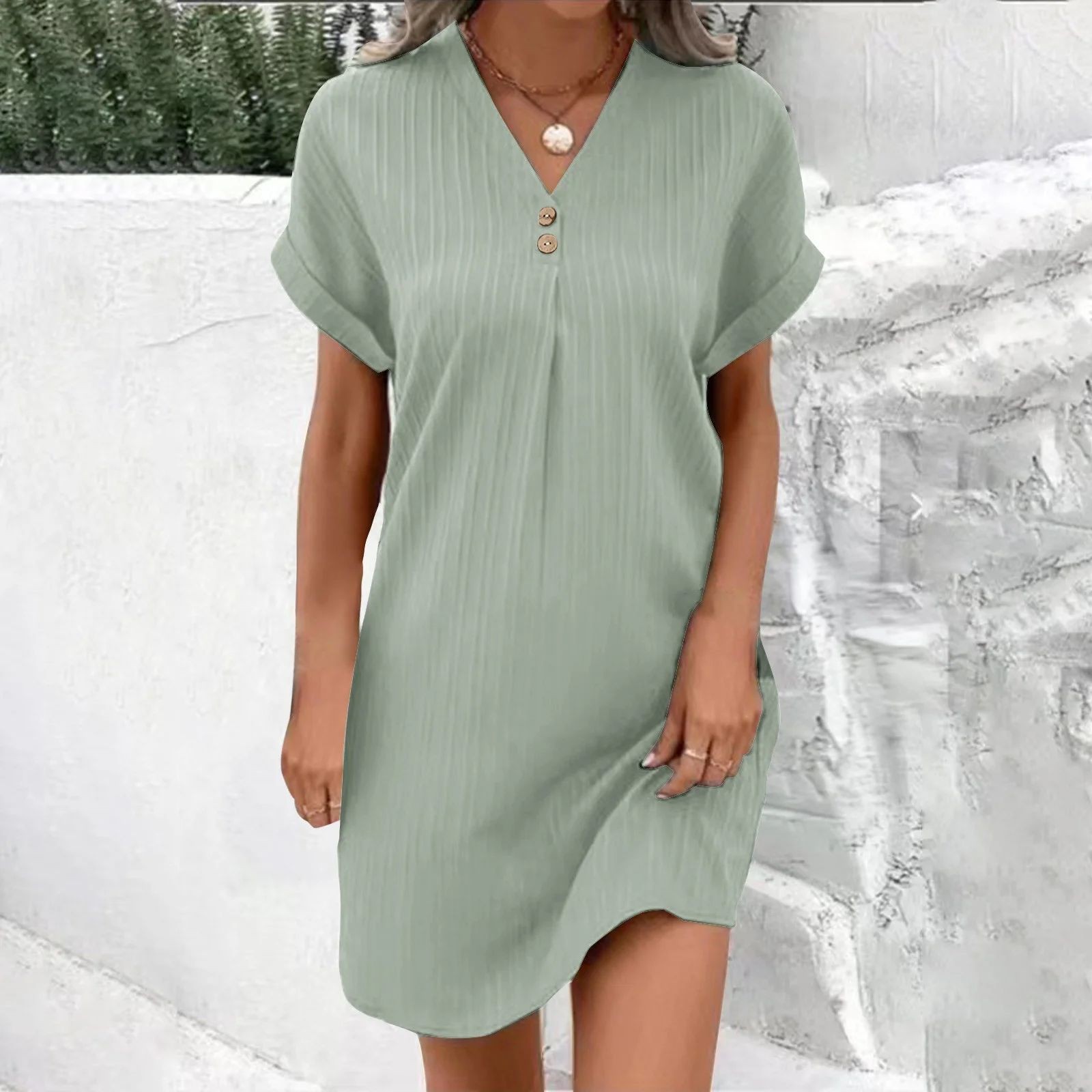 Comfortable & Casual Solid-Color V-Neck Pullover Dress with Buttons