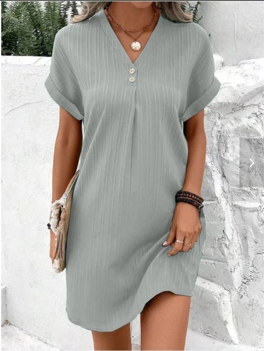 Comfortable & Casual Solid-Color V-Neck Pullover Dress with Buttons
