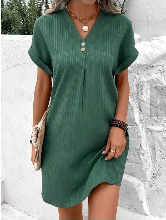Comfortable & Casual Solid-Color V-Neck Pullover Dress with Buttons