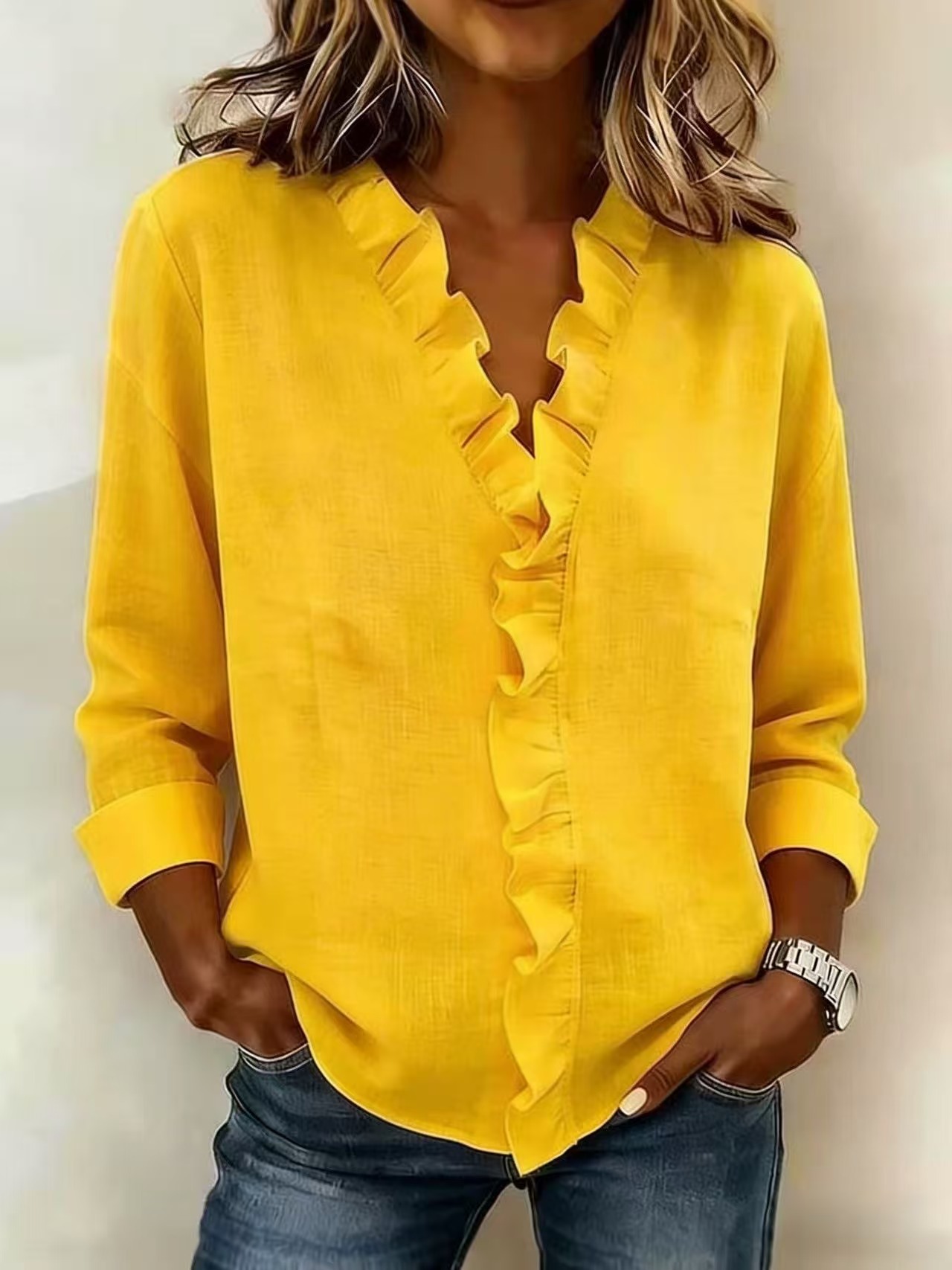 Blouse with Ruffles, V-Neck and Long Sleeves
