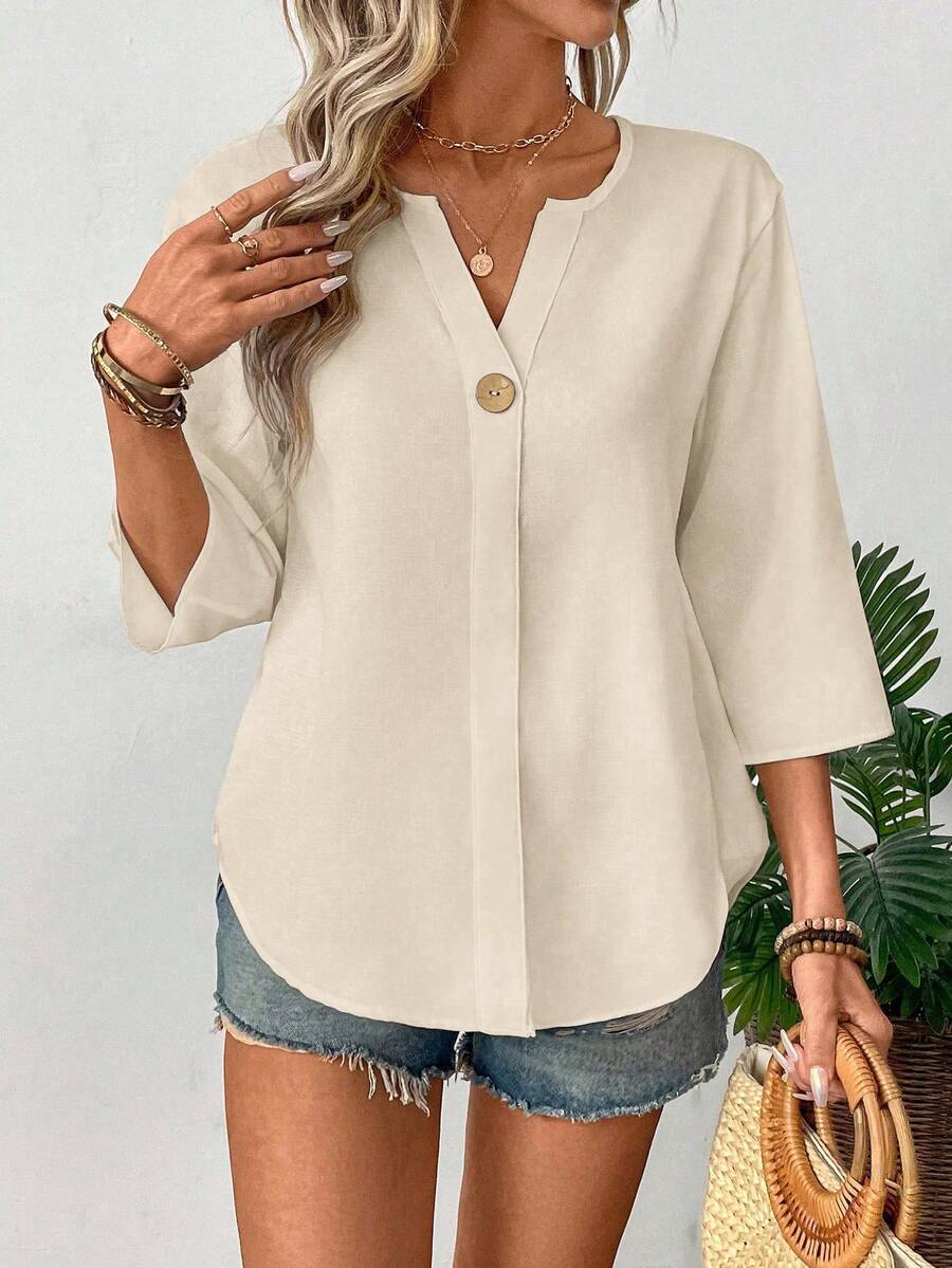 New women's summer loose solid color small V-neck casual shirt with buttons