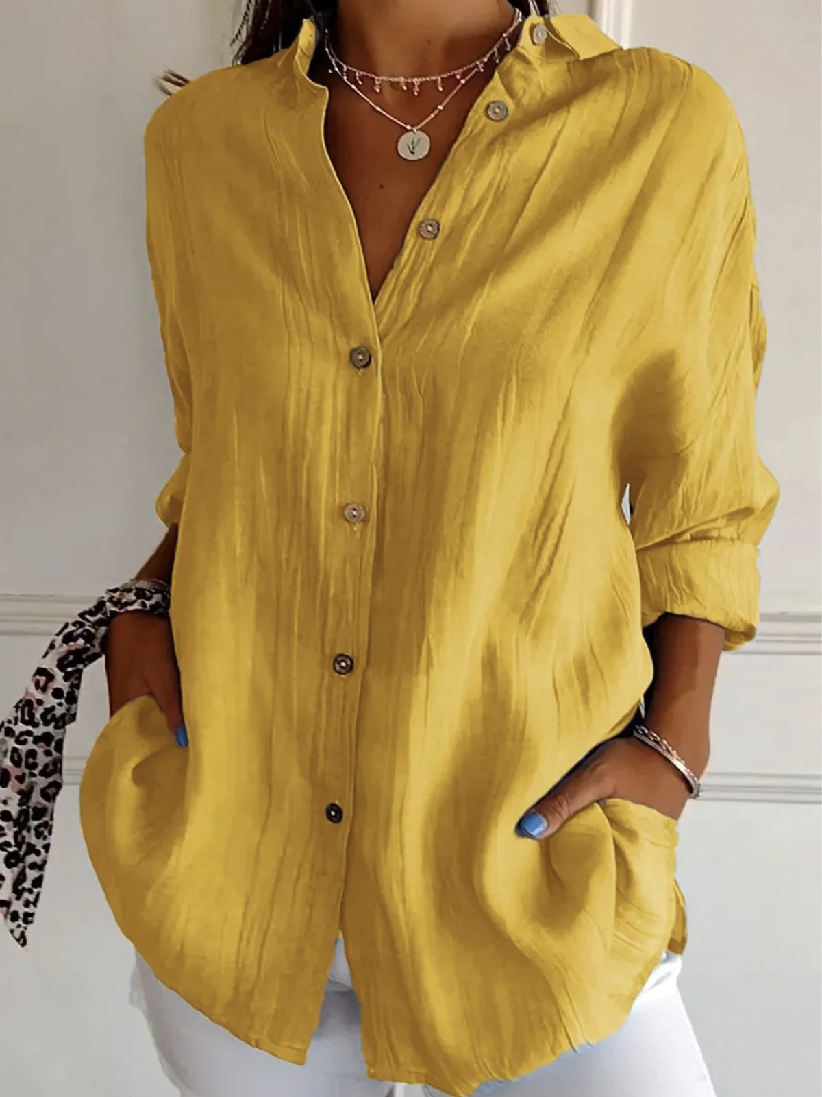 Women's Best-Selling Solid-Color Shirt: Single-Breasted, Pleated, Lapel Collar, Roll-Up Sleeves