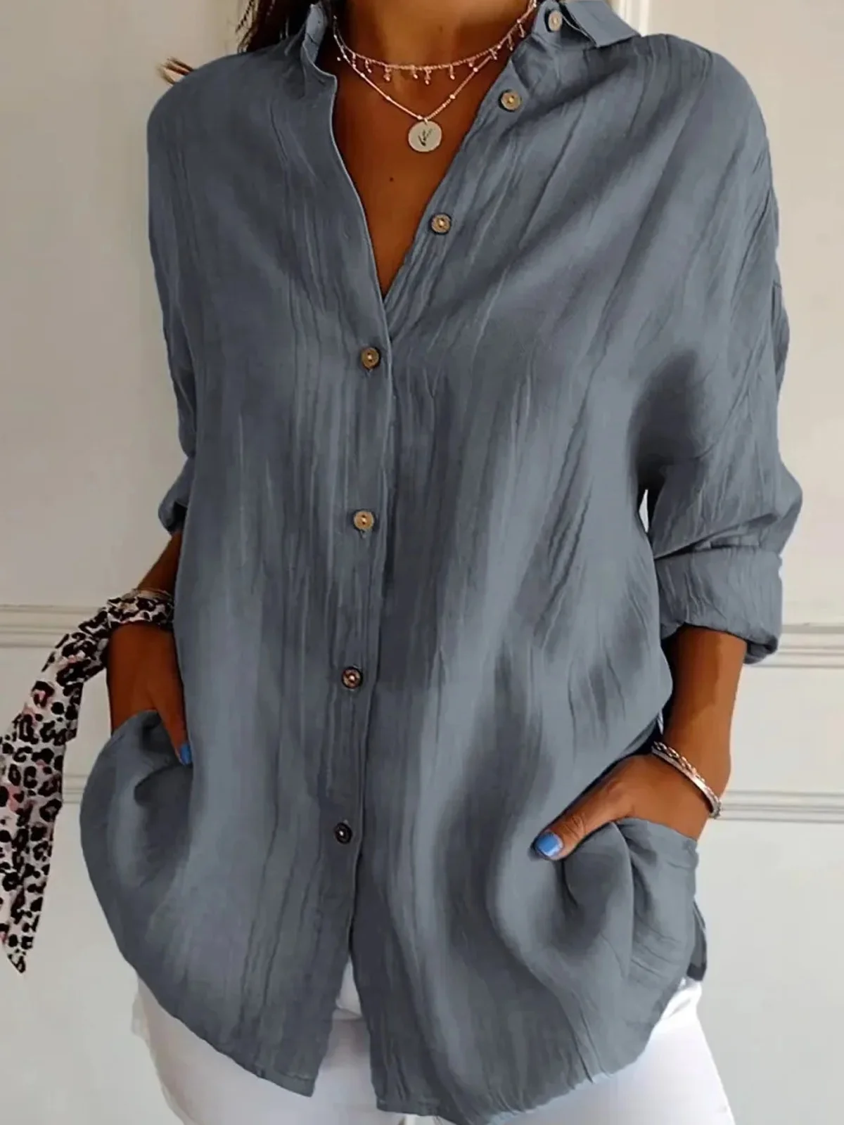 Women's Best-Selling Solid-Color Shirt: Single-Breasted, Pleated, Lapel Collar, Roll-Up Sleeves