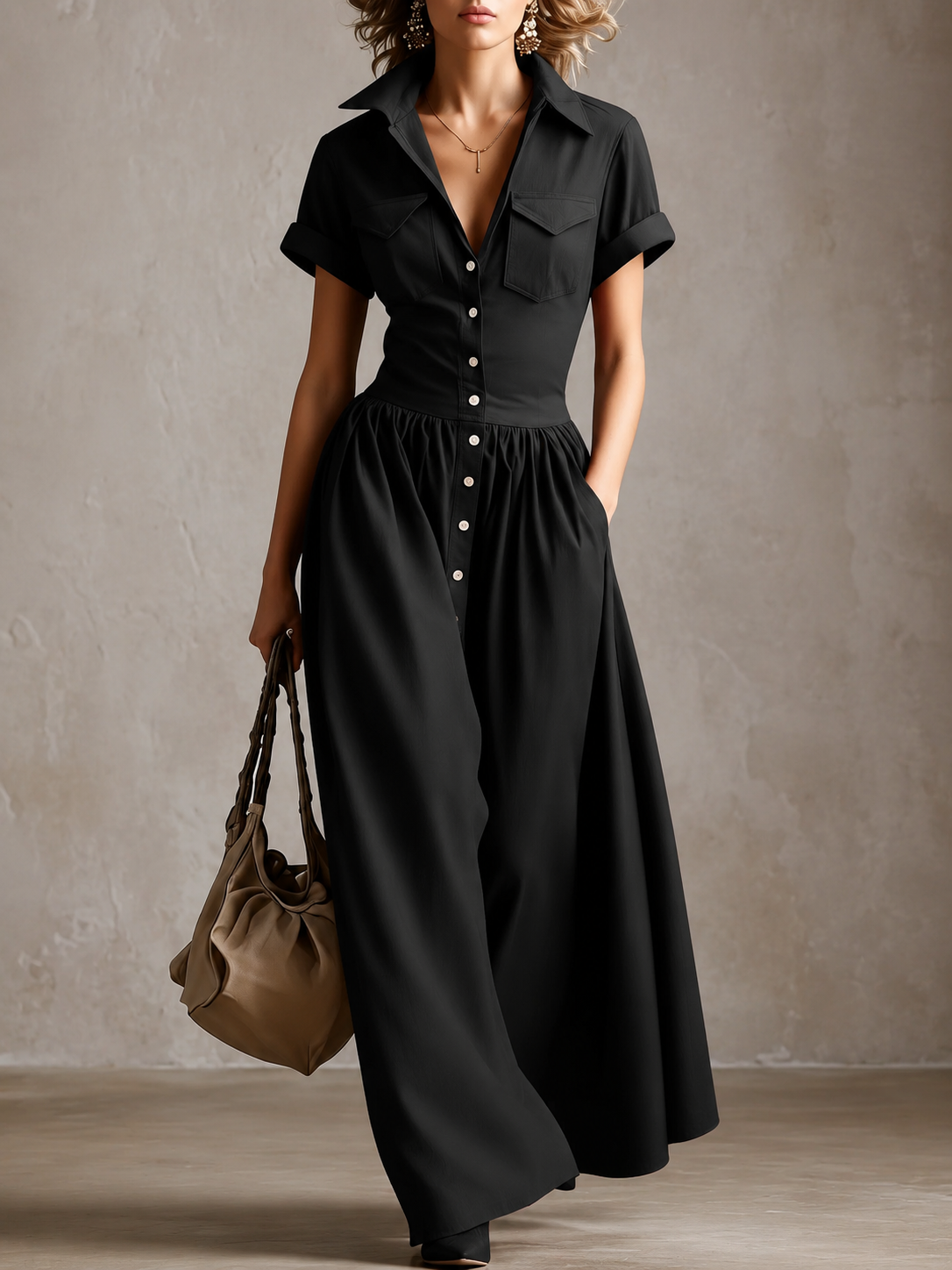 Women’s Woven Button-Down Collared Maxi Dress