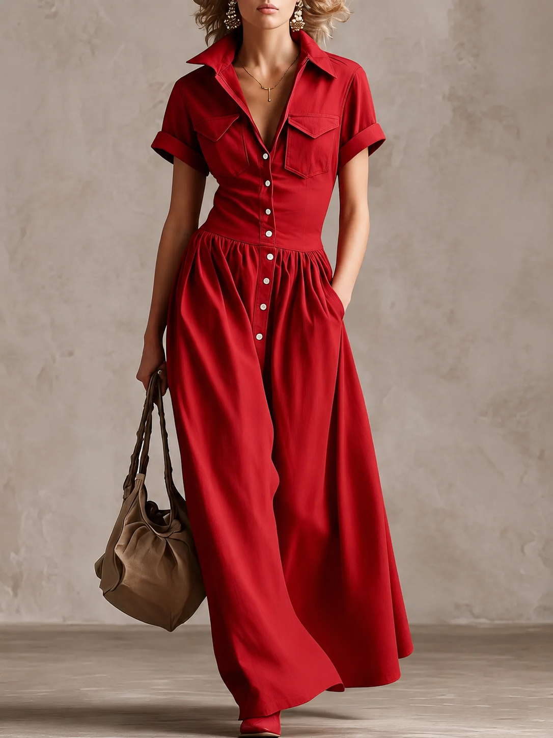 Women’s Woven Button-Down Collared Maxi Dress
