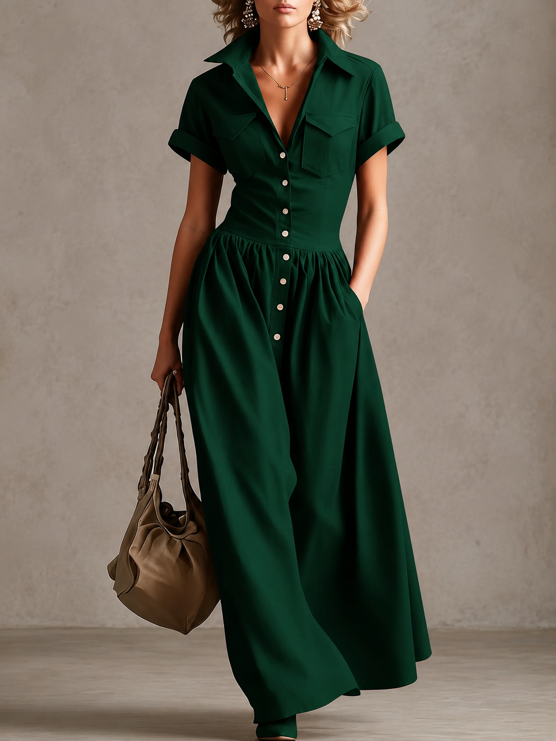 Women’s Woven Button-Down Collared Maxi Dress