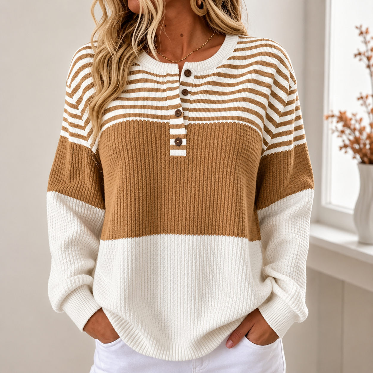 Women Striped Henley Collar Casual Spring/Fall Long Sleeve Sweatshirt