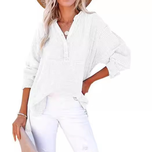 Womens Henley Shirts Casual Lightweight Sexy Button V-Neck Blouses Long Sleeve Loose Fitted Solid Color Tops