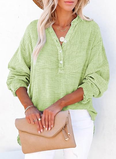 Womens Henley Shirts Casual Lightweight Sexy Button V-Neck Blouses Long Sleeve Loose Fitted Solid Color Tops