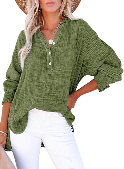 Womens Henley Shirts Casual Lightweight Sexy Button V-Neck Blouses Long Sleeve Loose Fitted Solid Color Tops