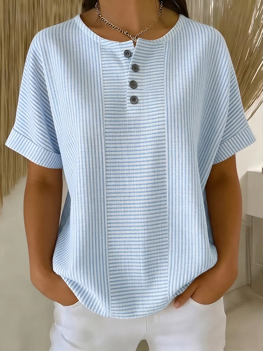 New Women's Solid-Color V-Neck Button-Front Striped Cotton-Linen Top