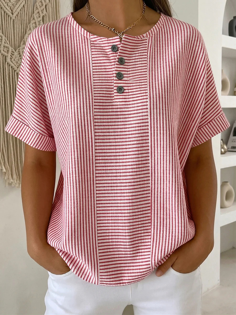 New Women's Solid-Color V-Neck Button-Front Striped Cotton-Linen Top