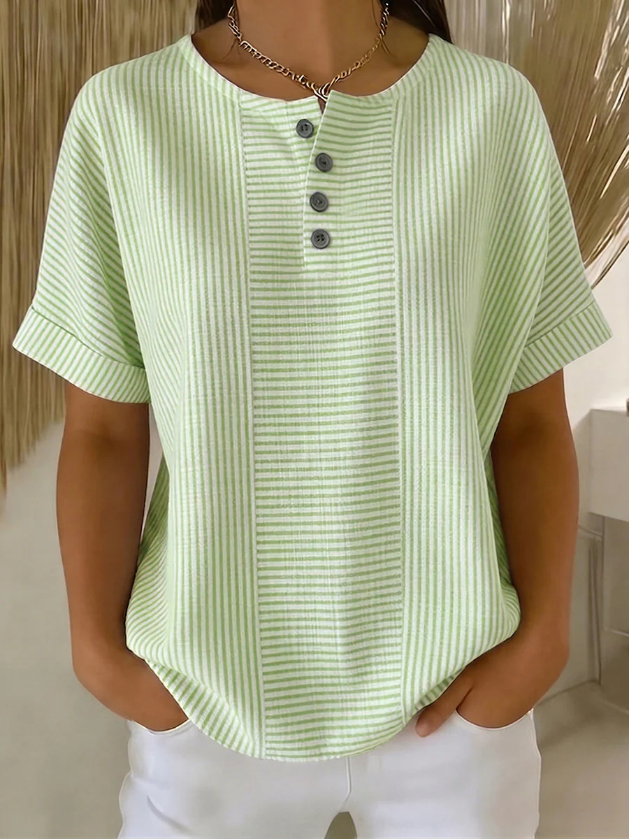 New Women's Solid-Color V-Neck Button-Front Striped Cotton-Linen Top
