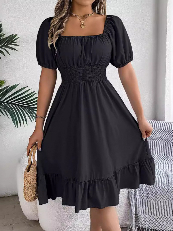 Casual Square-Neck, Short-Sleeve, Waist-Cinching A-Line Dress with Ruffles