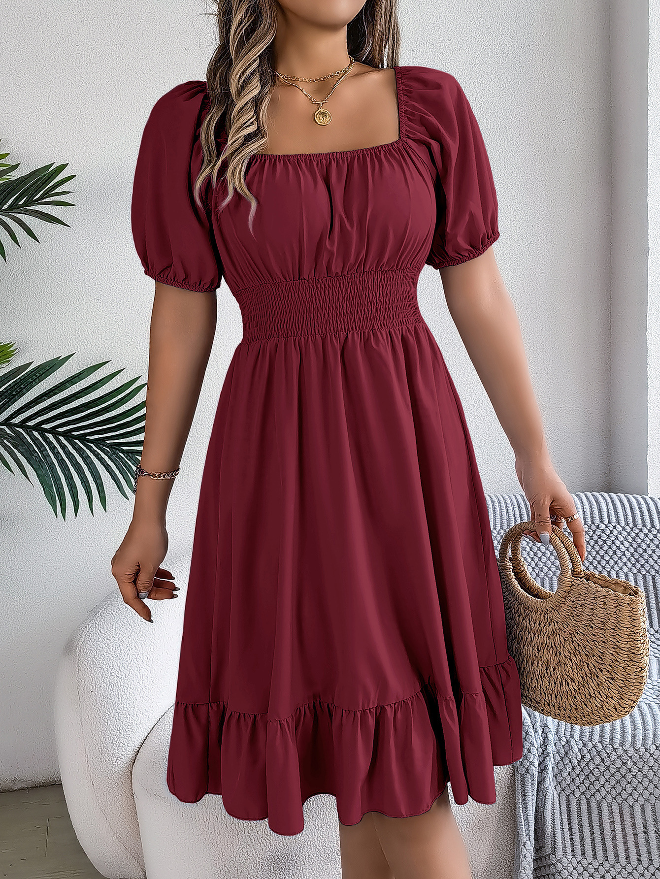 Casual Square-Neck, Short-Sleeve, Waist-Cinching A-Line Dress with Ruffles