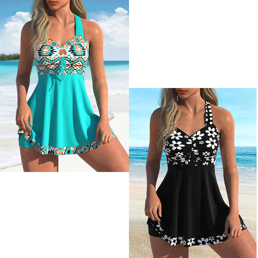 Women's Printed Sleeveless Swimdress with Built-In Shorts - V-Neck, Polyester, Multiple Prints, Beach And Pool Wear