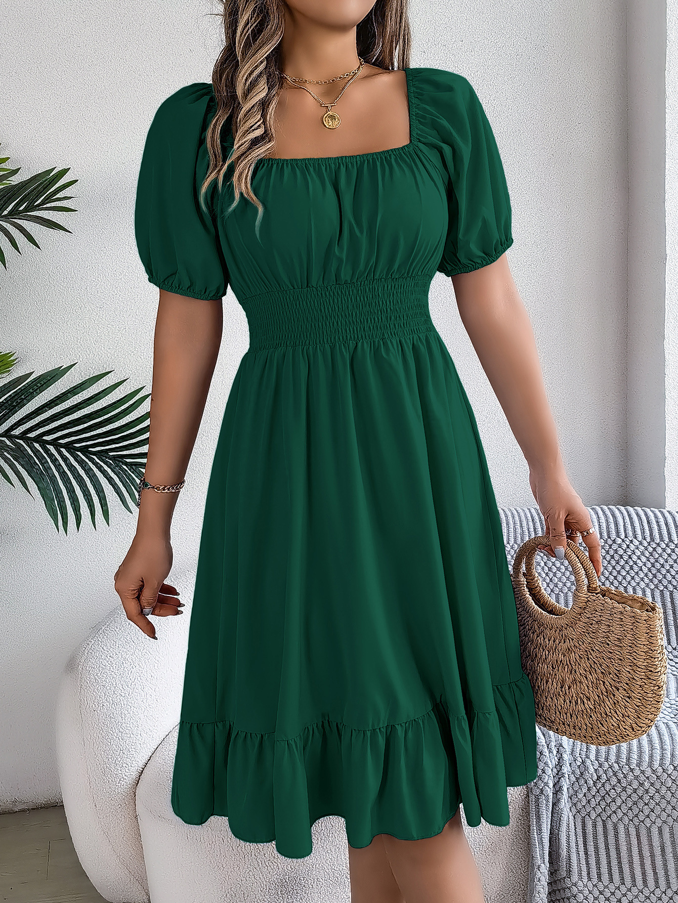 Casual Square-Neck, Short-Sleeve, Waist-Cinching A-Line Dress with Ruffles