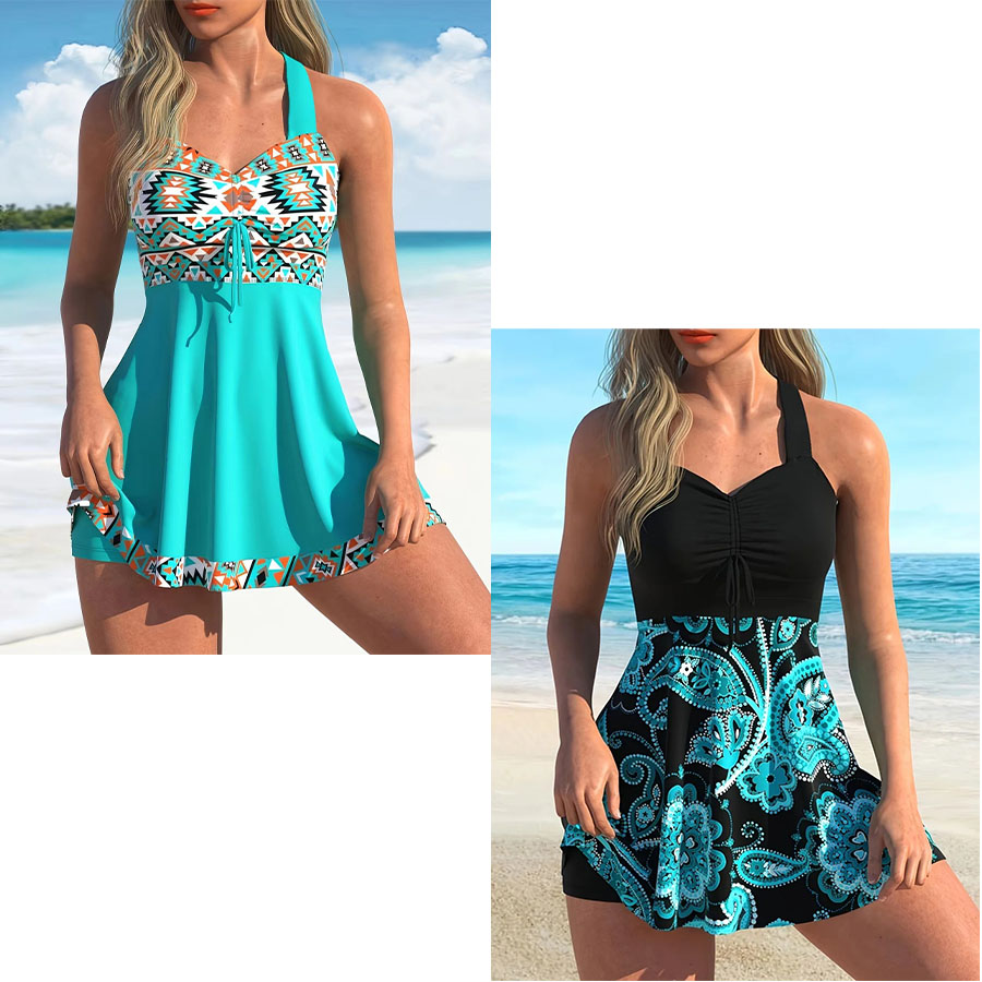 Women's Printed Sleeveless Swimdress with Built-In Shorts - V-Neck, Polyester, Multiple Prints, Beach And Pool Wear