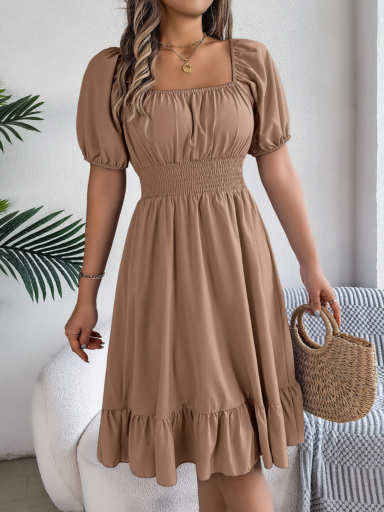 Casual Square-Neck, Short-Sleeve, Waist-Cinching A-Line Dress with Ruffles