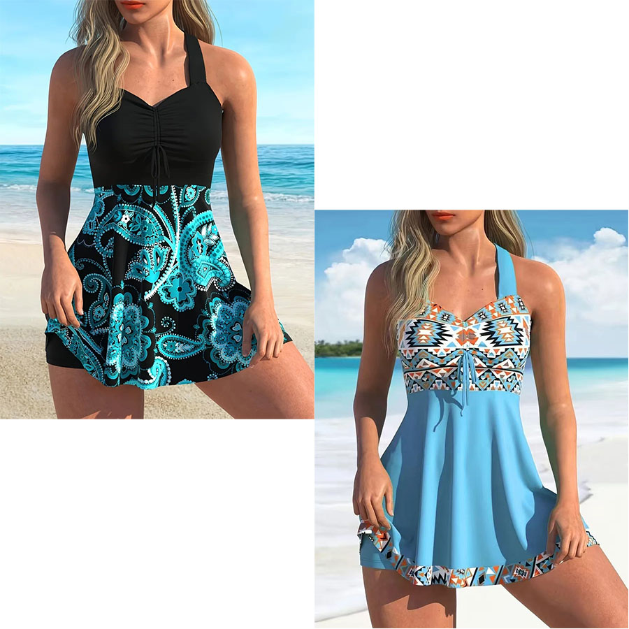 Women's Printed Sleeveless Swimdress with Built-In Shorts - V-Neck, Polyester, Multiple Prints, Beach And Pool Wear