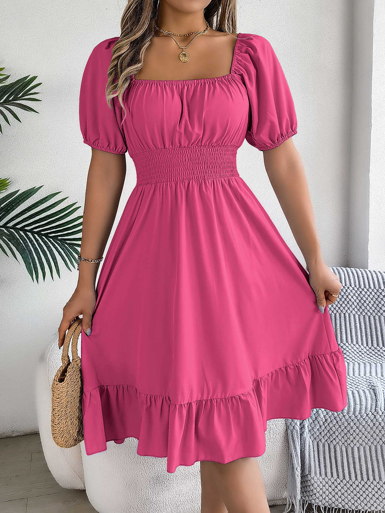 Casual Square-Neck, Short-Sleeve, Waist-Cinching A-Line Dress with Ruffles