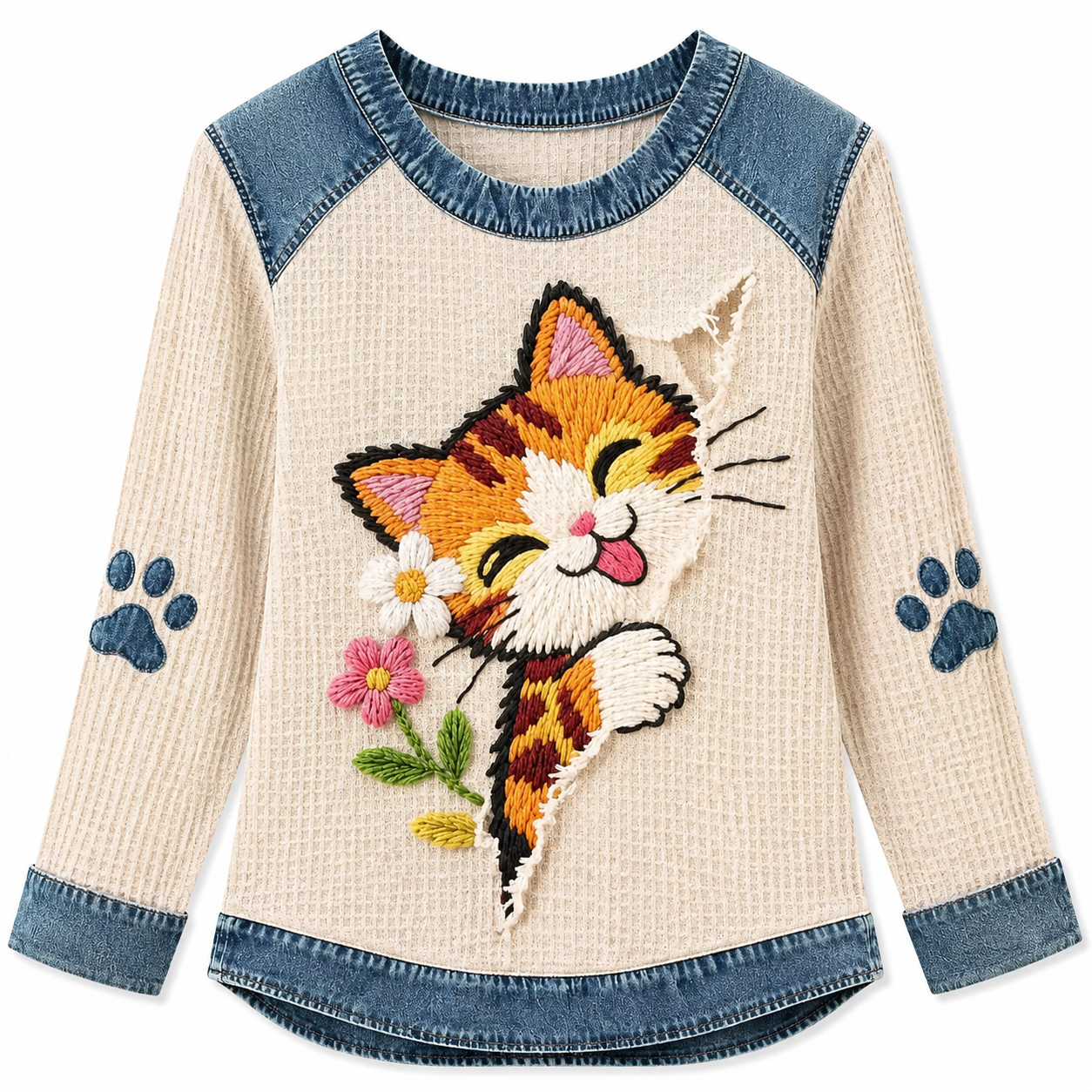 Women's Denim Patchwork Art Dachshund Dog Pattern V-neck Long Sleeve T-Shirt(These are all animals that Lily has helped❤️Buy 2 Get 10% OFF & Free Shipping🔥)