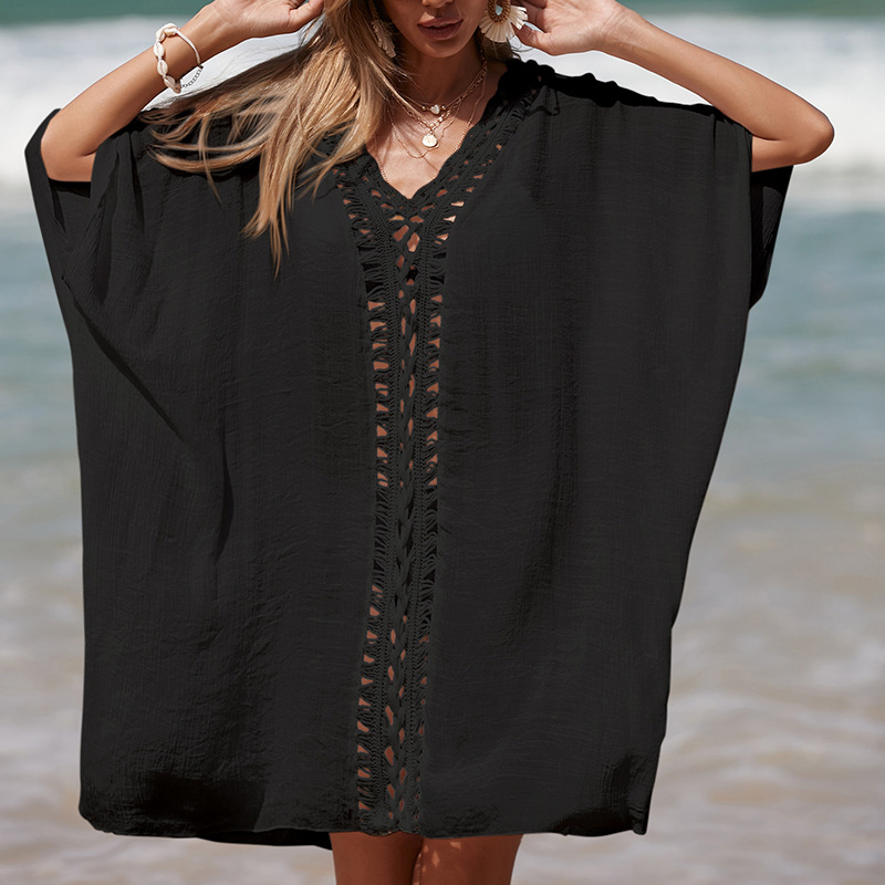 Hand-Crocheted Patchwork V-Neck Solid-Color Loose-Fit Breathable Sun-Protection Mid-Length Beach Cover-up