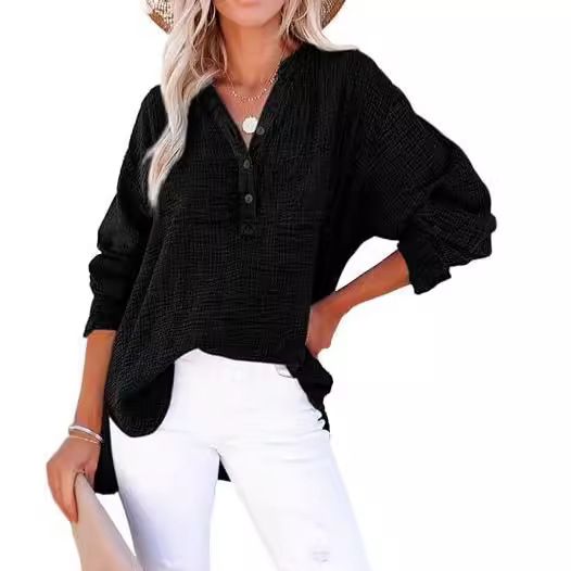 Womens Henley Shirts Casual Lightweight Sexy Button V-Neck Blouses Long Sleeve Loose Fitted Solid Color Tops