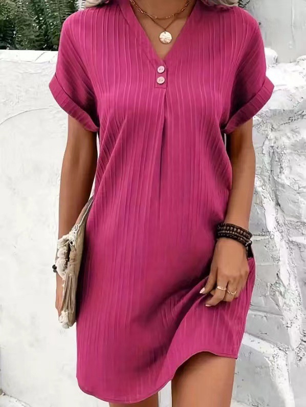 Comfortable & Casual Solid-Color V-Neck Pullover Dress with Buttons