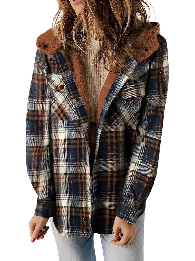 Womens Plaid Shacket Jacket Long Sleeve Fleece Hooded Jackets