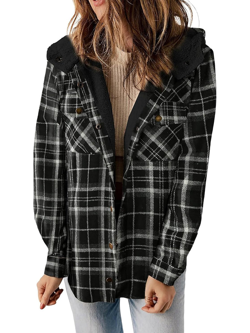 Womens Plaid Shacket Jacket Long Sleeve Fleece Hooded Jackets