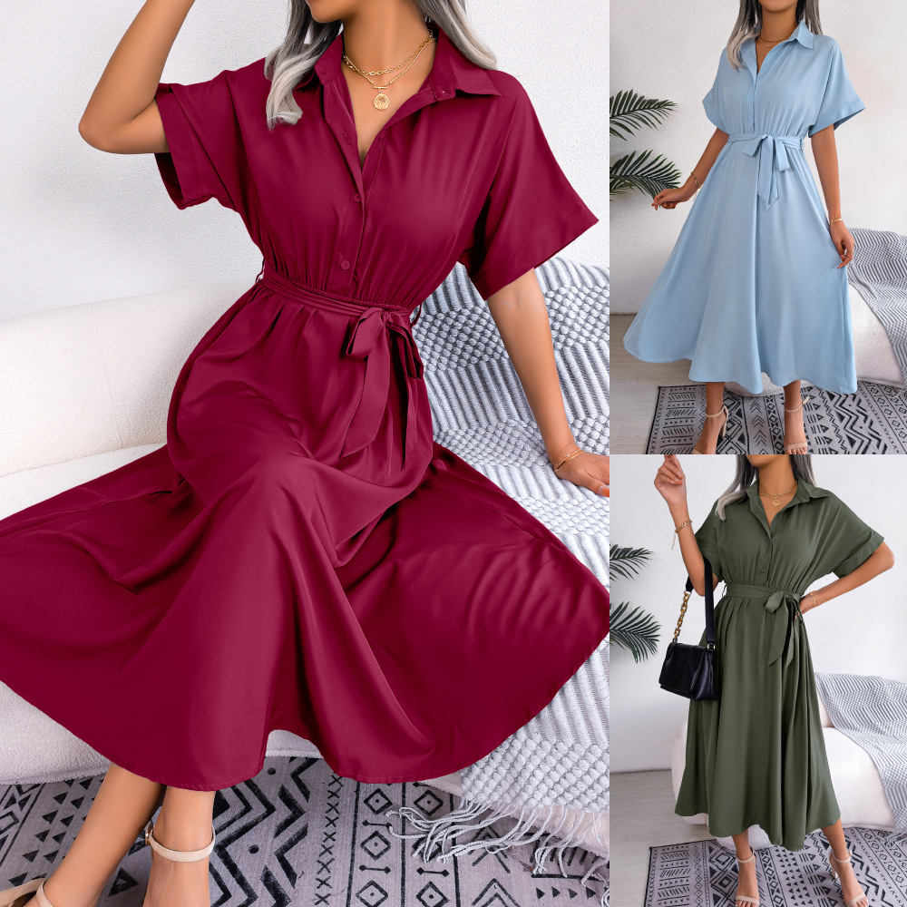 Short Sleeve Collared Tie Belt Dress
