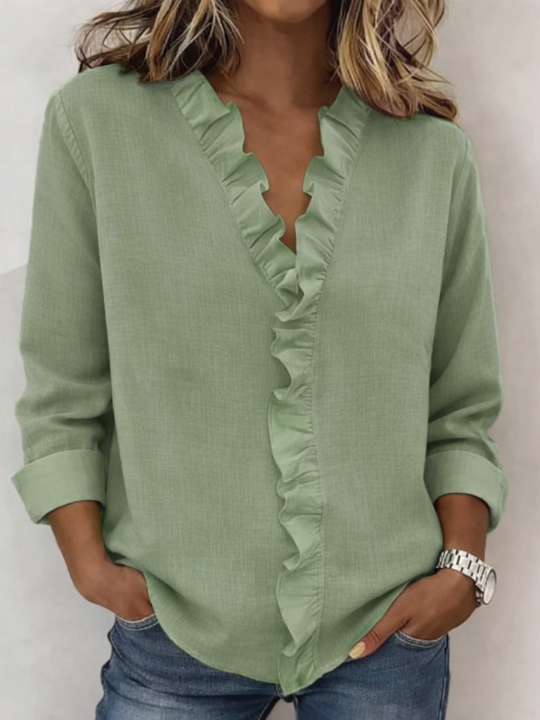 Blouse with Ruffles, V-Neck and Long Sleeves