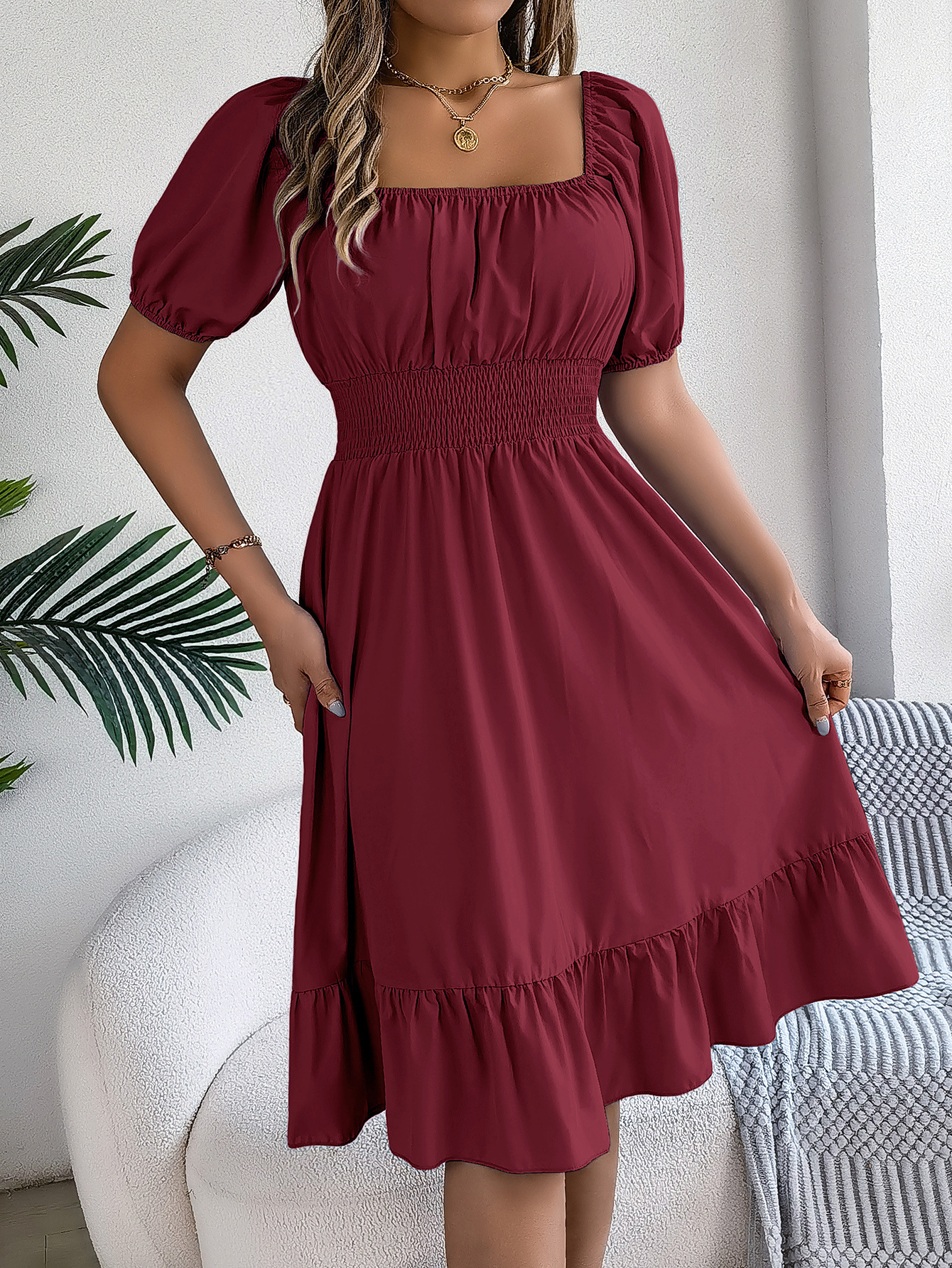 Casual Square-Neck, Short-Sleeve, Waist-Cinching A-Line Dress with Ruffles